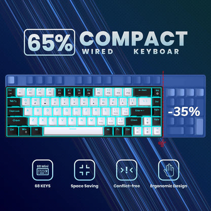 68 Keys Mechanical Keyboard Ergonomics RGB Backlit LED Hot Swappable Blue Switch Gaming Keyboard for PC Laptop Office